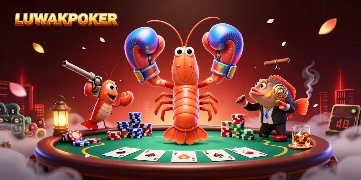LUWAKPOKER showcases a vibrant 3D illustration of poker action, with lively characters engaged in gaming.
