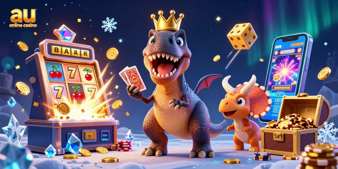 Experience the excitement of au online casino with a cartoon T-Rex and vibrant gaming scene.