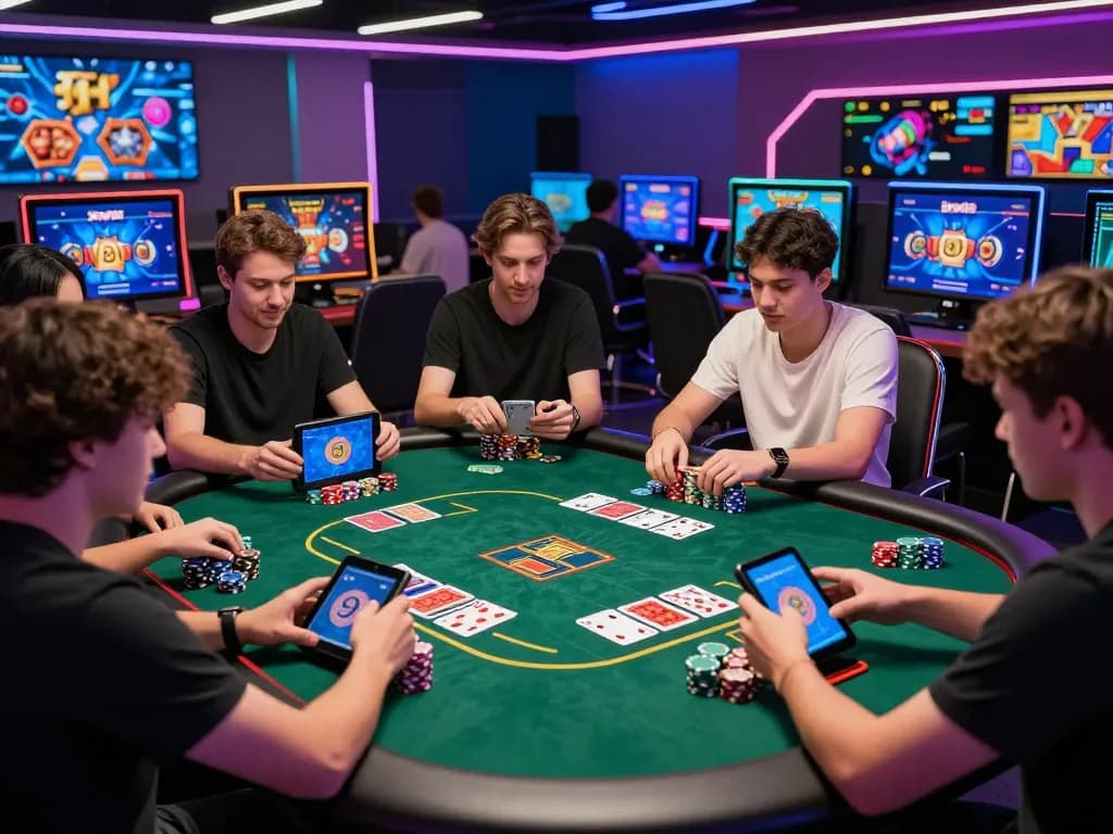 Dynamic online gaming experience with 99win showcased through diverse players engaging intensely in poker.