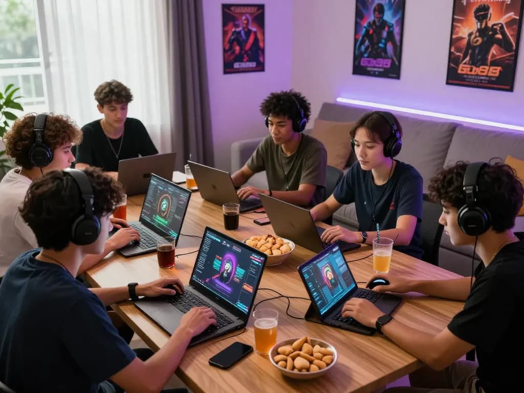 Young gamers enjoying a thrilling Go88 gaming session at home with multiple devices.