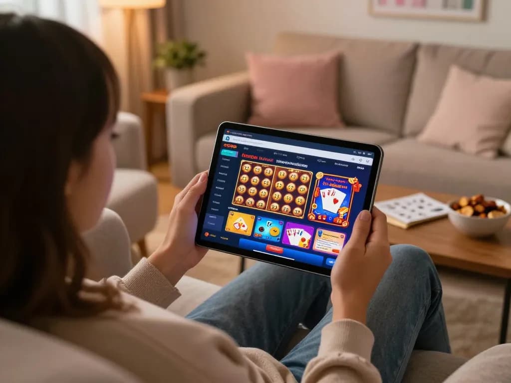 Engaging with GO88 mobile casino app in a cozy home setting, showcasing user-friendly interface and authentic gaming experience