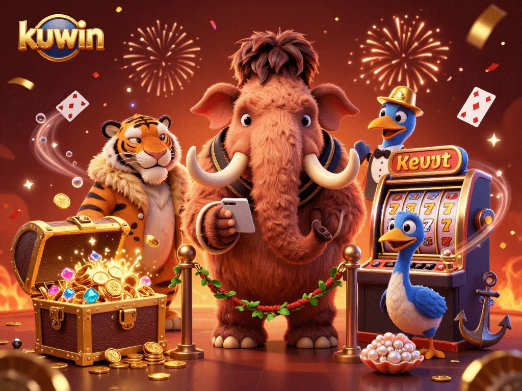 Kuwin casino scene featuring a woolly mammoth bouncer and saber-tooth guest amidst gold coins and vibrant slot machines.