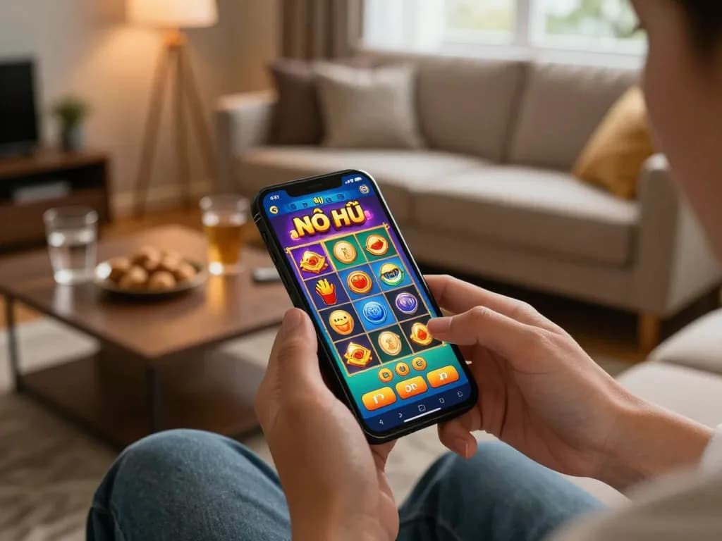 Nổ hũ mobile app gameplay on a cozy sofa, inviting users to experience engaging online slots.
