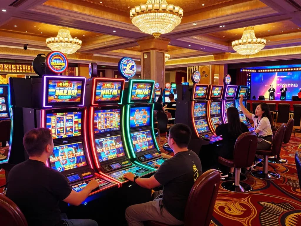 Engage with thrilling slot games at EE88’s vibrant casino atmosphere, featuring neon lights and jubilant players.