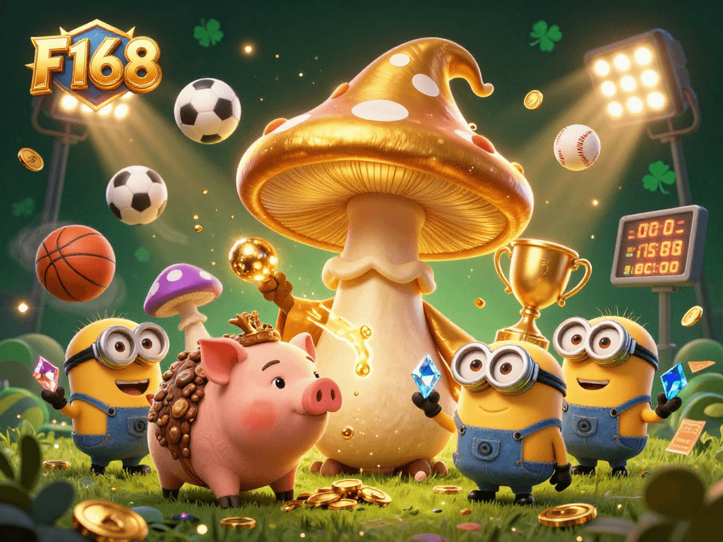 Experience thrilling gameplay at F168 with magical mushroom wizards and dynamic sports elements in an exciting casino scene.
