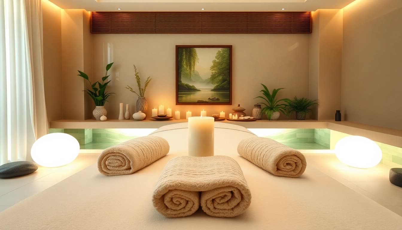 Spa Ads showcasing a tranquil massage room with ambient lighting and natural decor for relaxation.