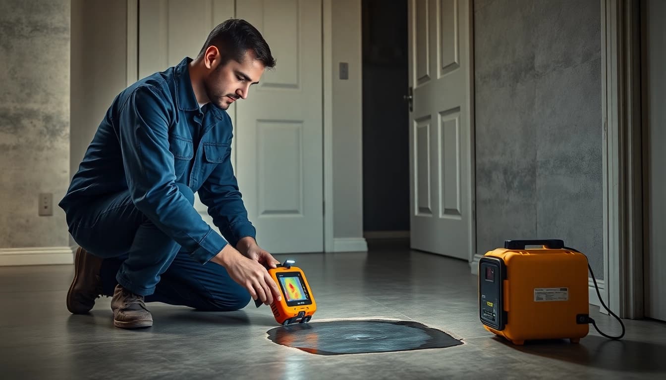 Leak in concrete floor detected by professional technician using thermal imaging technology.