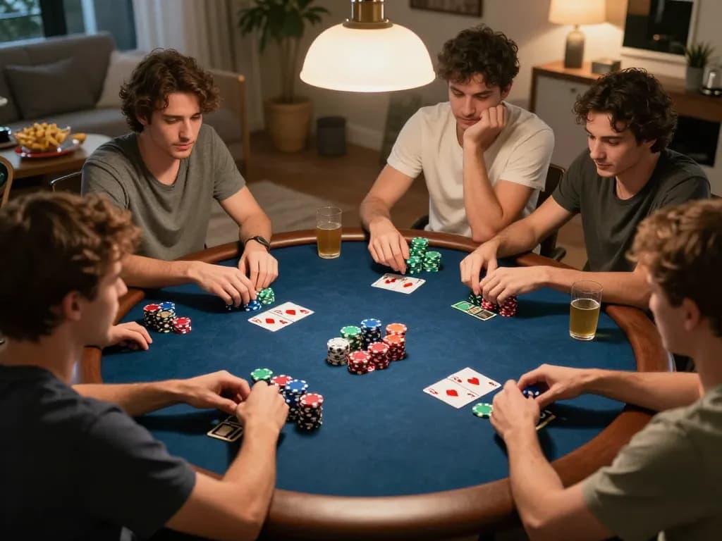Players engage in focused poker strategy during a home game night, highlighting the interactive sunwin experience.