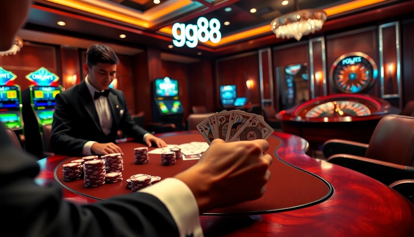 Experience high-stakes gaming at gg88, featuring poker tables, chips, and dice in a luxurious setting.