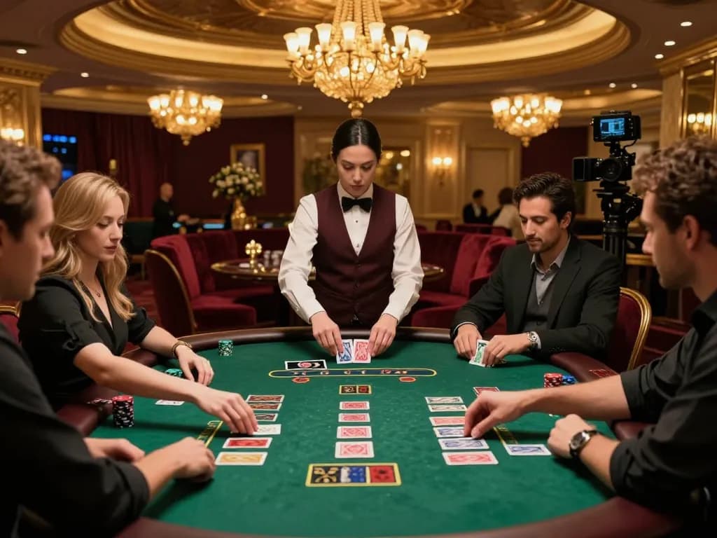 Players engaging in an intense game of blackjack at a luxurious hitclub casino table, dealer shuffling cards.