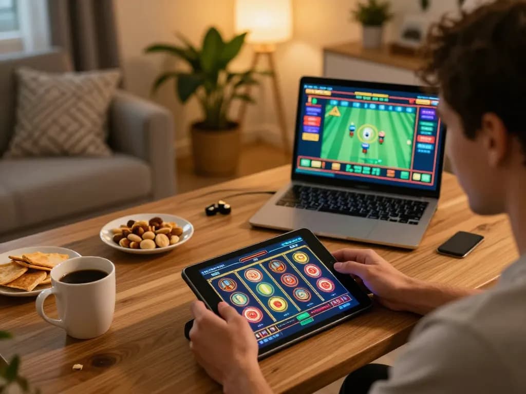 Player enjoying vk88 online slot game on a tablet in a cozy home environment.