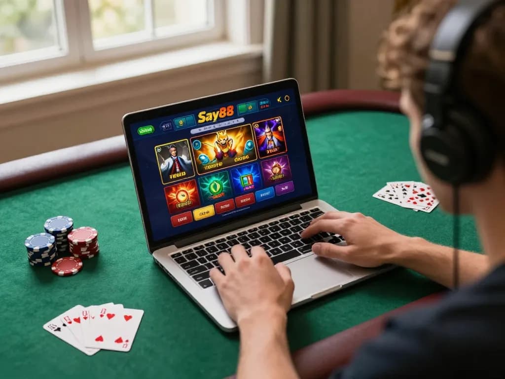 Engaged player interacting with Say88 online casino game interface in a vibrant, inviting home setup.