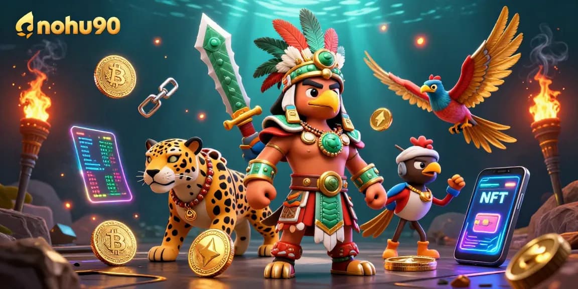 Nohu90 showcases a vibrant online gaming scene with Aztec warriors and crypto elements for an immersive experience.