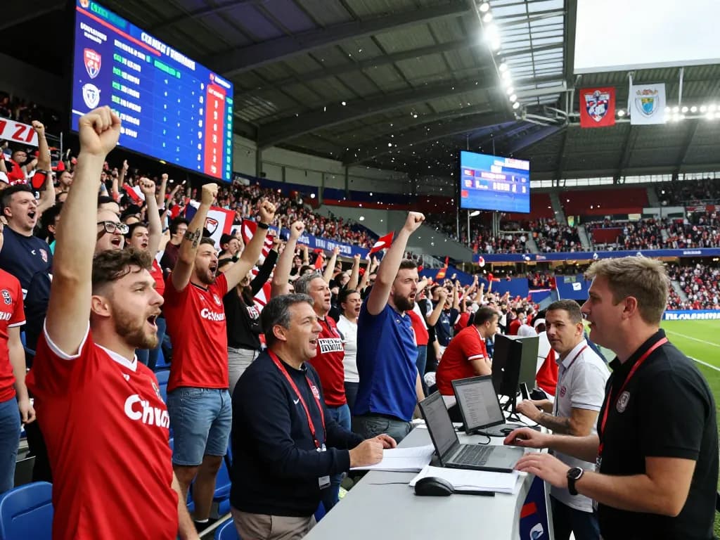 Fans cheering at NOWGOAL event showcasing live football scores and data analysis.