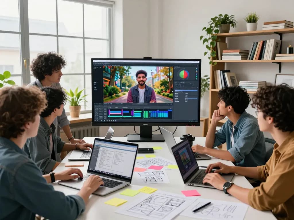 Team of creators collaborating on ai seedance 2.0 video projects in a bright studio.
