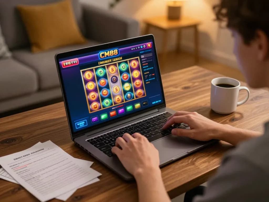 Engaging in online gameplay at CM88 casino, enjoying vibrant slot machines on screen.