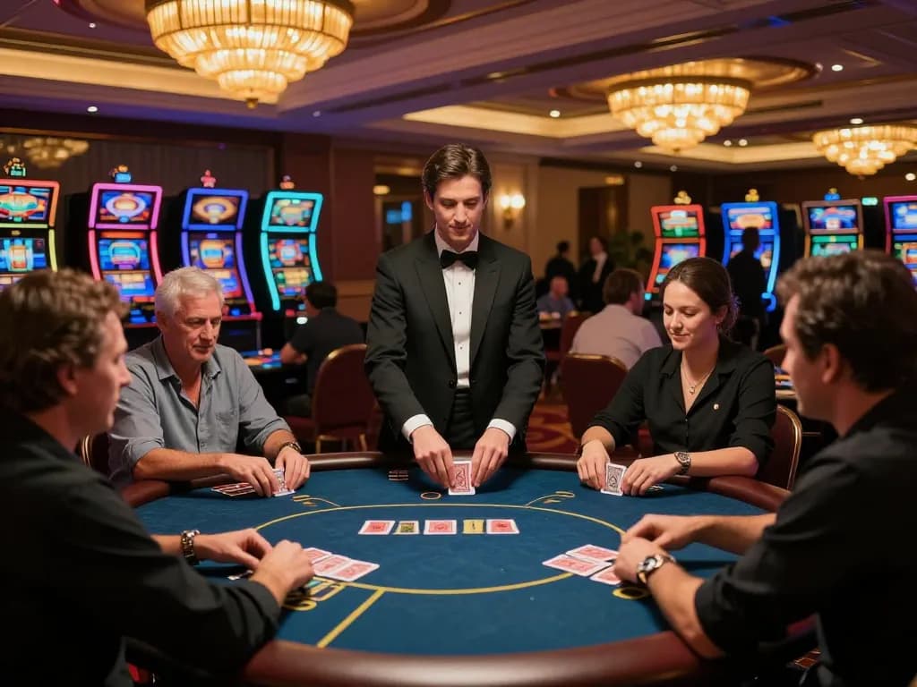 Players engaging in an exciting game of poker at BL555 casino with a lively atmosphere and elegant decor.