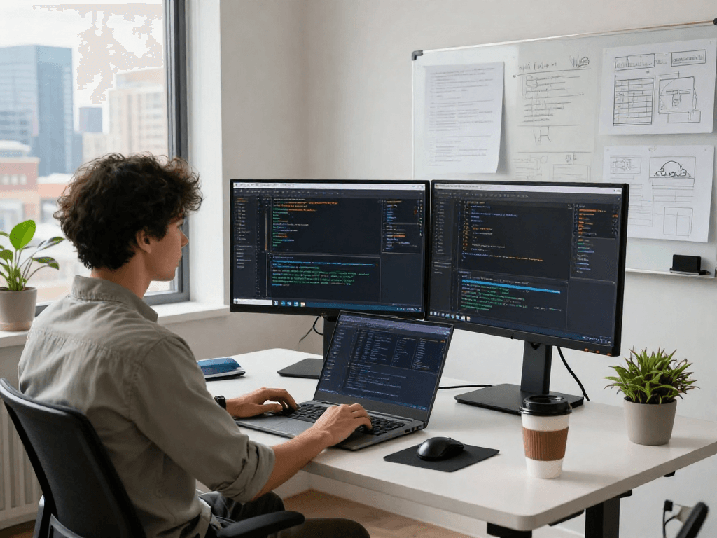 Developer working on net88 software at a modern workspace with high-tech gear and city skyline view.