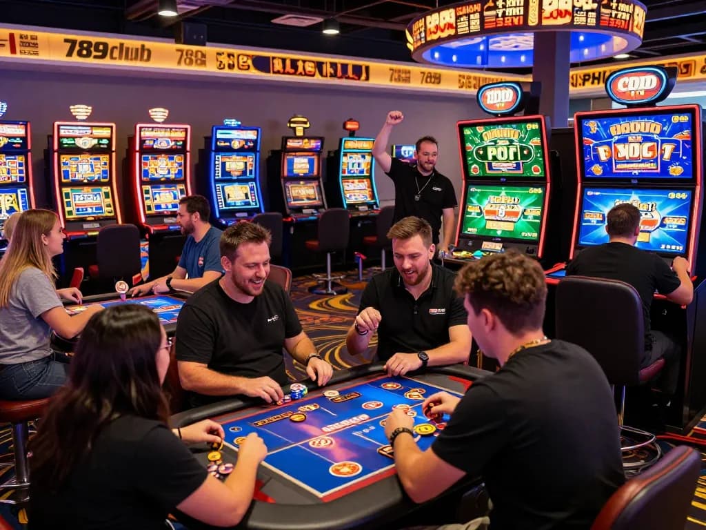 Exciting online gaming experience at 789club with diverse players at vibrant casino tables and colorful slot machines.