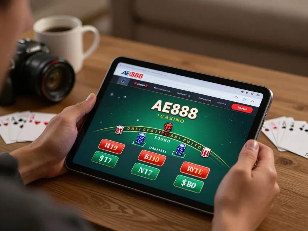 Player enjoying AE888 online casino gaming on a tablet in cozy home atmosphere.