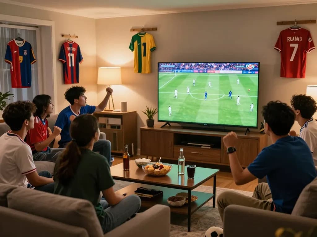Excited friends watching soccer live at https://cakhiatvcc.tv/ during a thrilling match night.