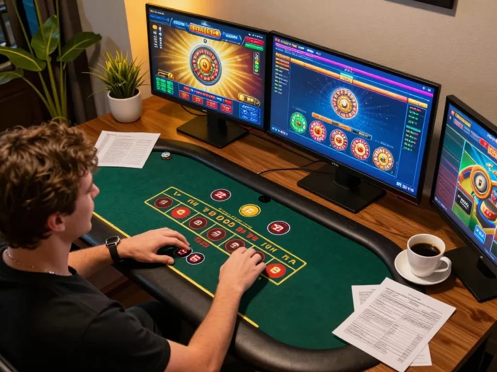 Person engaging in mb66 online gaming with multiple casino screens showcasing exciting games.