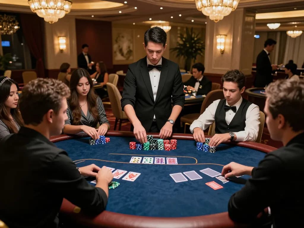 Engaging poker game in a luxurious casino highlighting ty le keo nha cai 5 amid focused players and elegant decor.