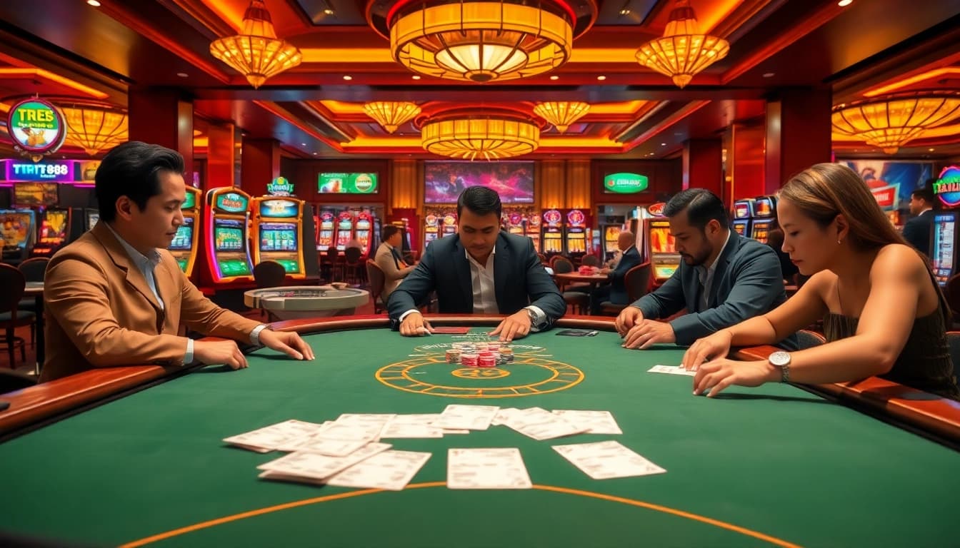 Players enjoying high-stakes poker at TR88 casino table amidst vibrant, luxurious atmosphere.