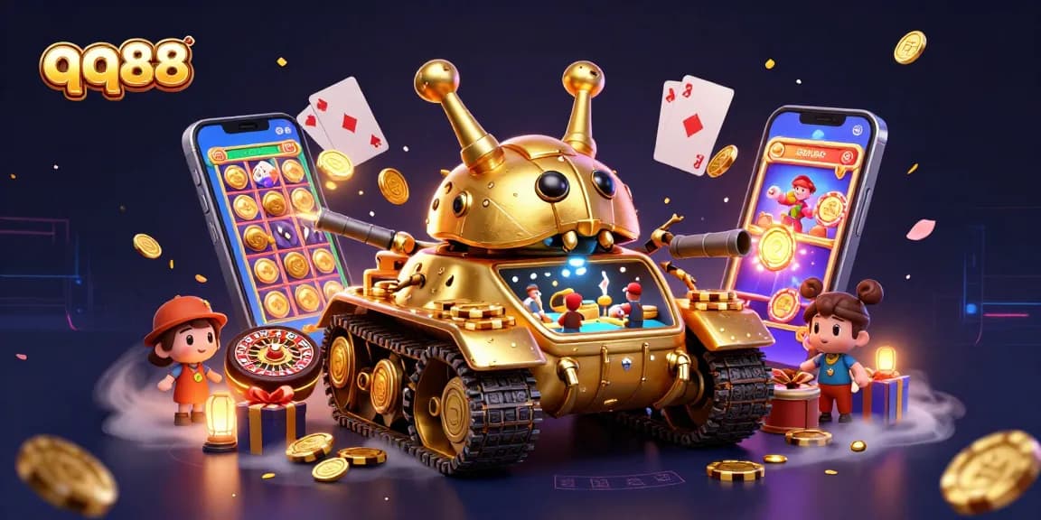 Engage with the qq88 online casino experience featuring a golden beetle tank and lively game elements.