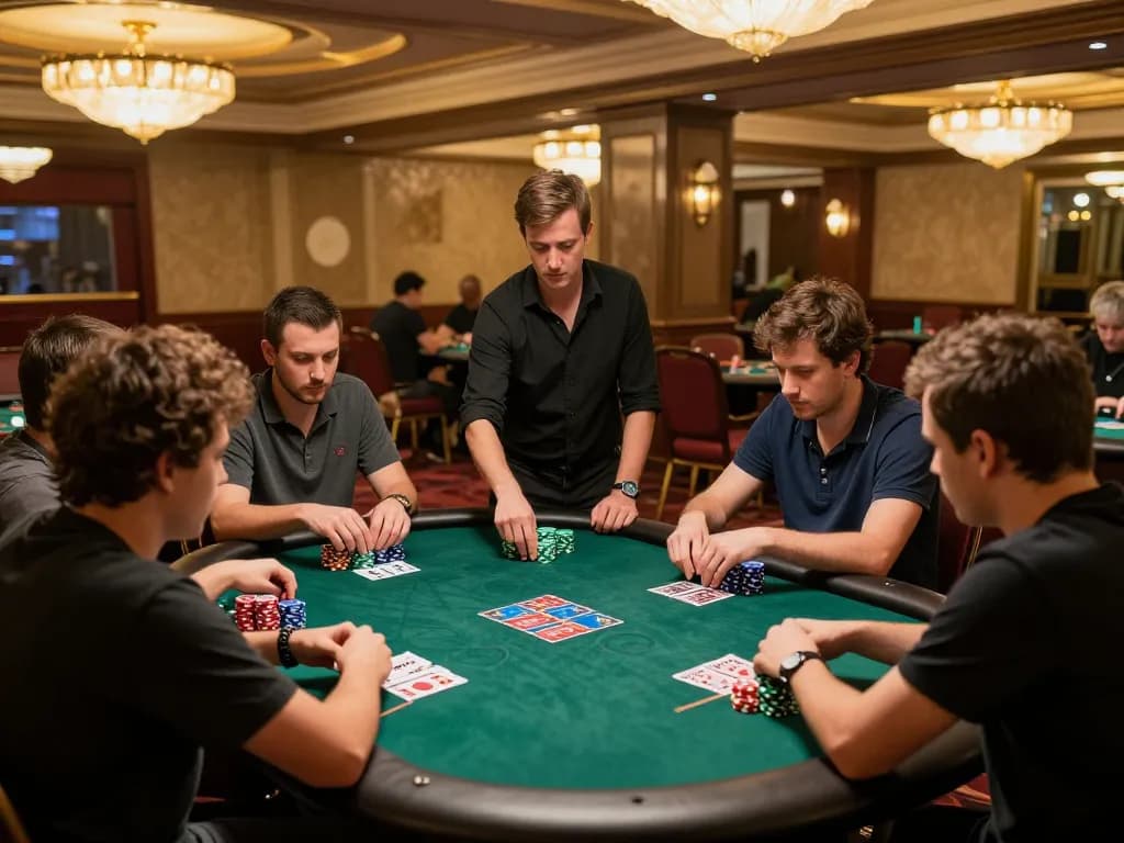 Engaging poker game at 23winn casino with players focused and colorful chips stacked