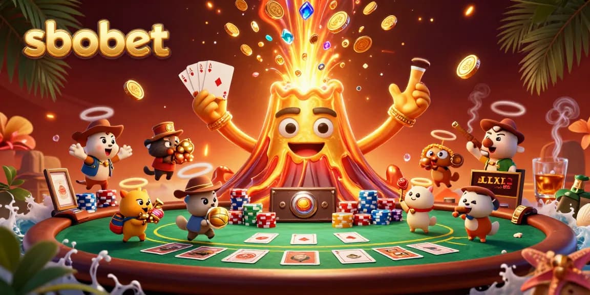 Engage in sbobet sports betting with vibrant players collecting coins from a golden volcano scene