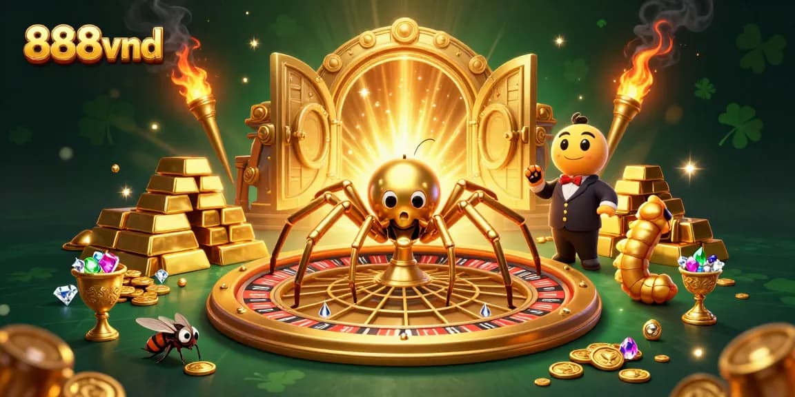 888vnd's thrilling casino scene featuring a golden spider on a roulette wheel, symbolizing luxury and excitement.