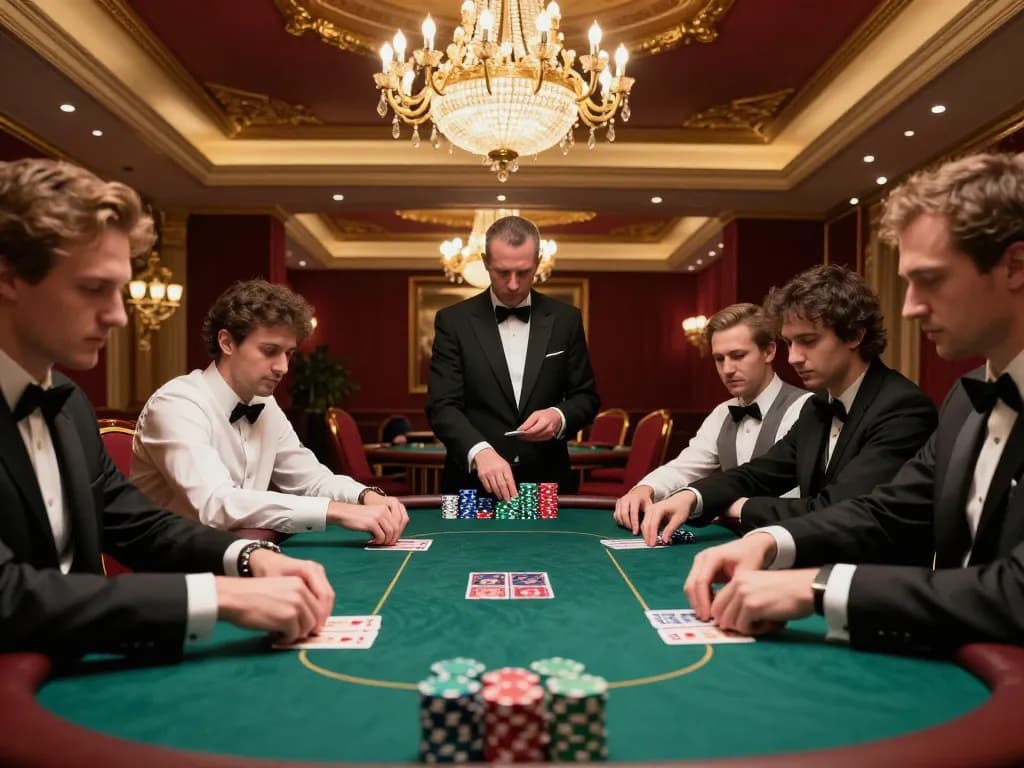 GMNC poker players engaged in a high-stakes showdown at a luxurious casino table.