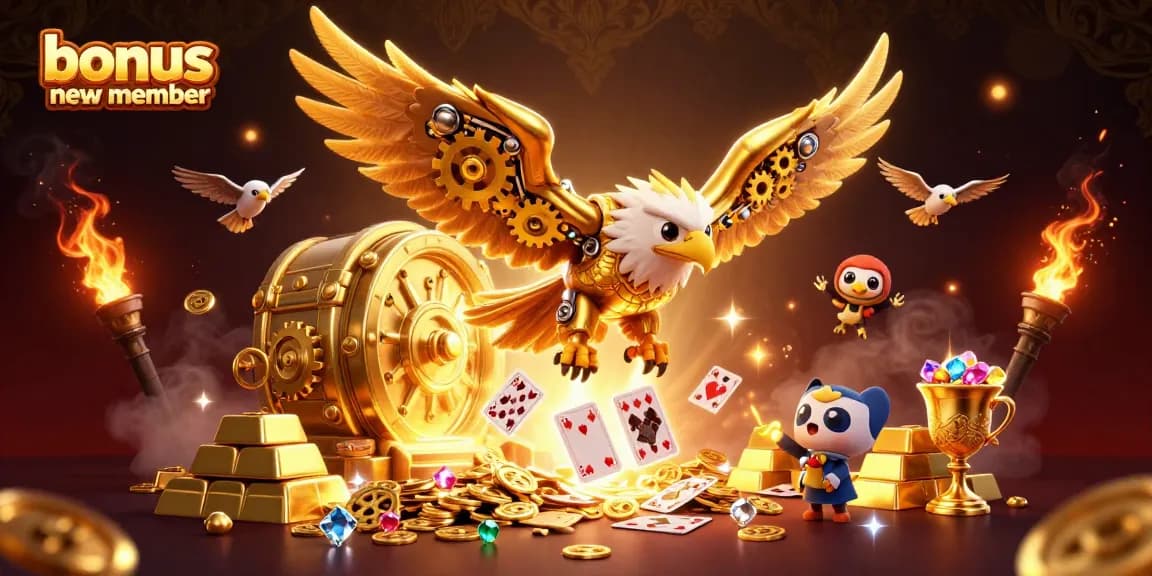 Memenangkan bonus anggota baru dengan ilustrasi 3D kasino yang menarik dan penuh aspek keemasan.