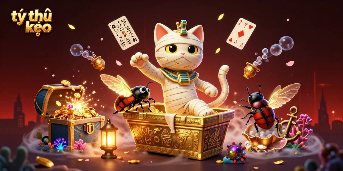 Experience thrilling tỷ lệ kèo insights with the Egyptian mummy cat and golden wings in an engaging casino illustration.