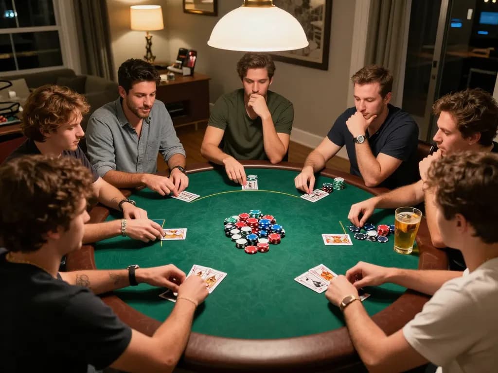 Friends enjoying Texas Hold'em poker at home, showcasing 23win gaming action and friendly competition.
