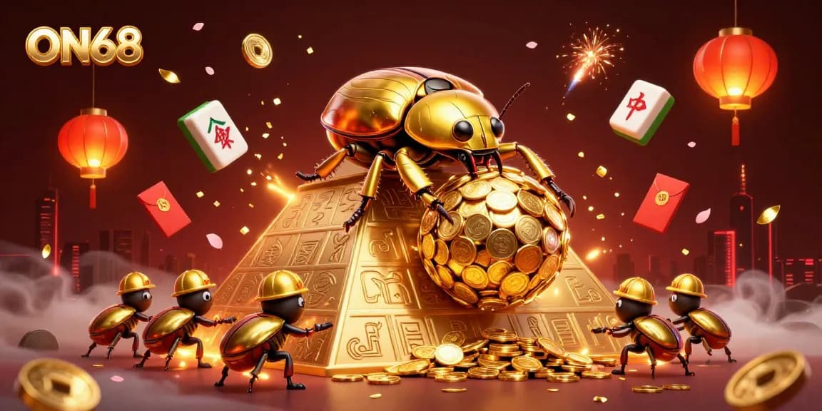 Experience the vibrant excitement of ON68 with a gold coin-filled scene featuring cartoon beetles and glowing elements.