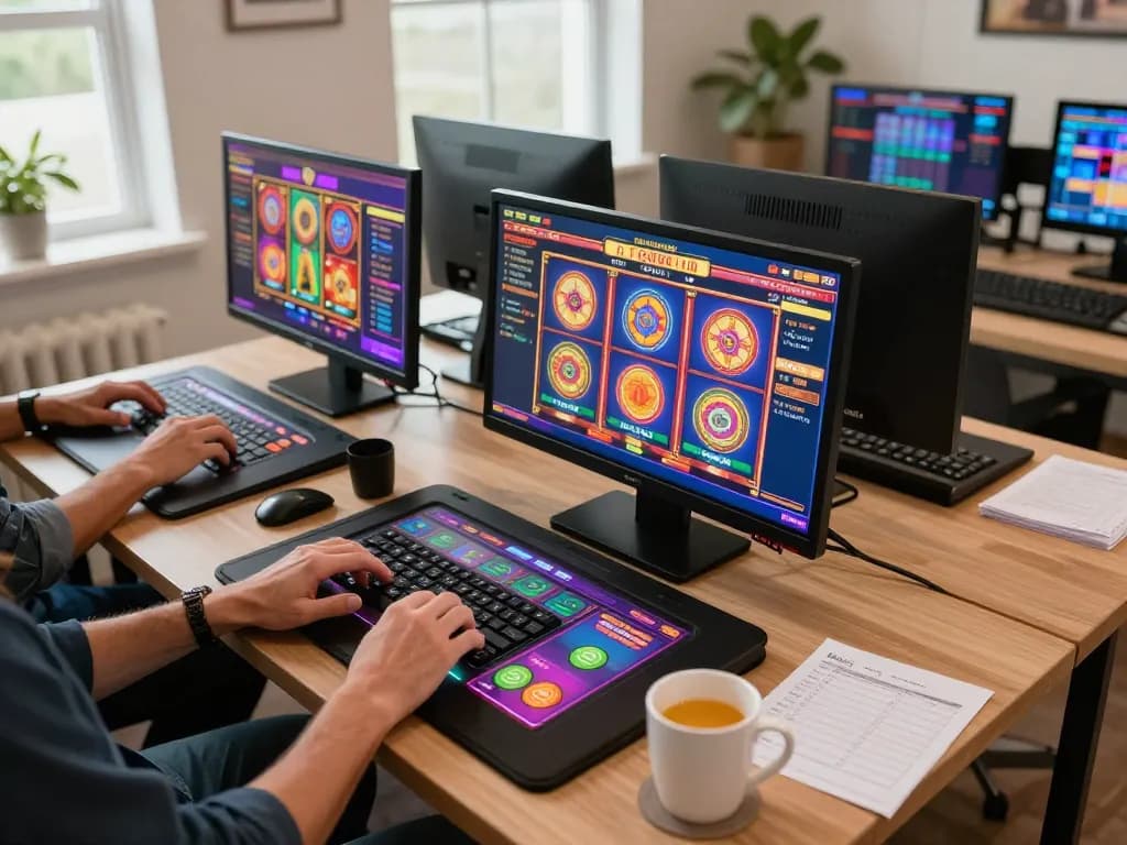 Bermain game online di MejaVIP dengan mesin slot berwarna-warni di layar dan catatan taruhan yang bertanggung jawab