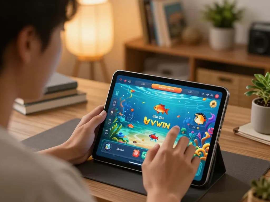 Băng Cá VVVWIN player optimizing gameplay strategy on tablet with ocean graphics.