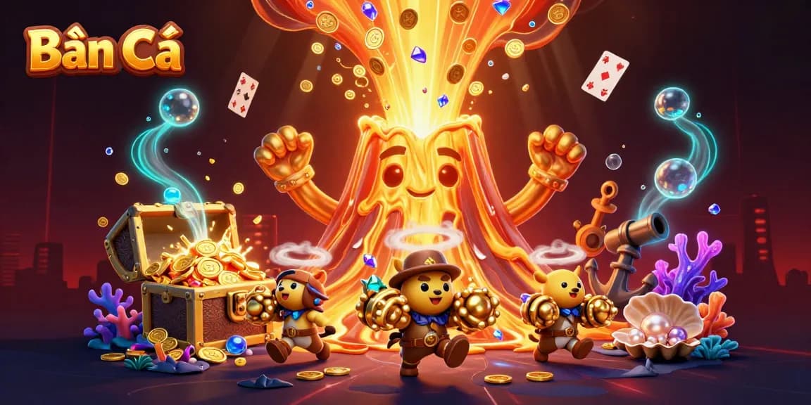 Bắn Cá game scene showcasing a triumphant volcanic eruption of coins and treasures in a vibrant underwater world.