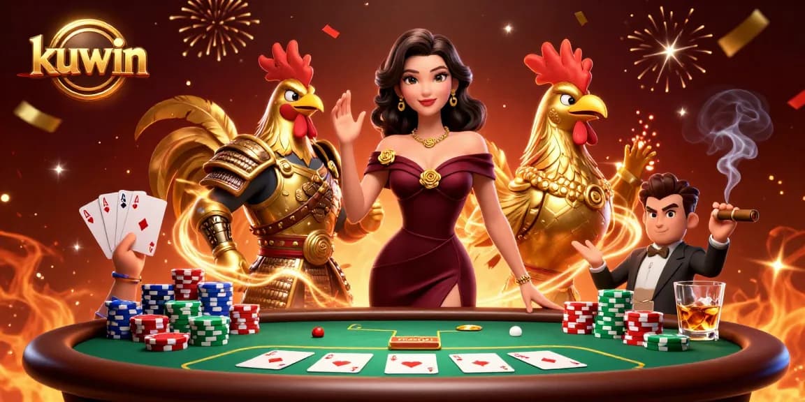 Kuwin online gaming platform showcasing a glamorous casino scene with poker elements and vibrant visuals.