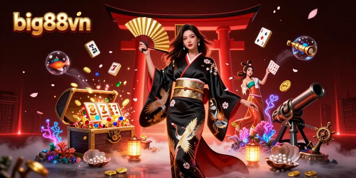 Experience the thrill of big88vn with an elegant Asian woman in a colorful casino scene filled with slot reels, sakura petals, and gold.