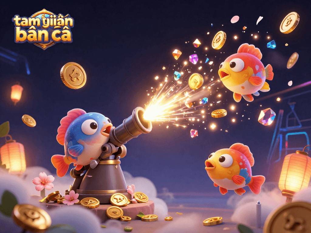 Engage in tam tiên bắn cá, enjoying vibrant underwater fish shooting action amidst flying coins and gems.