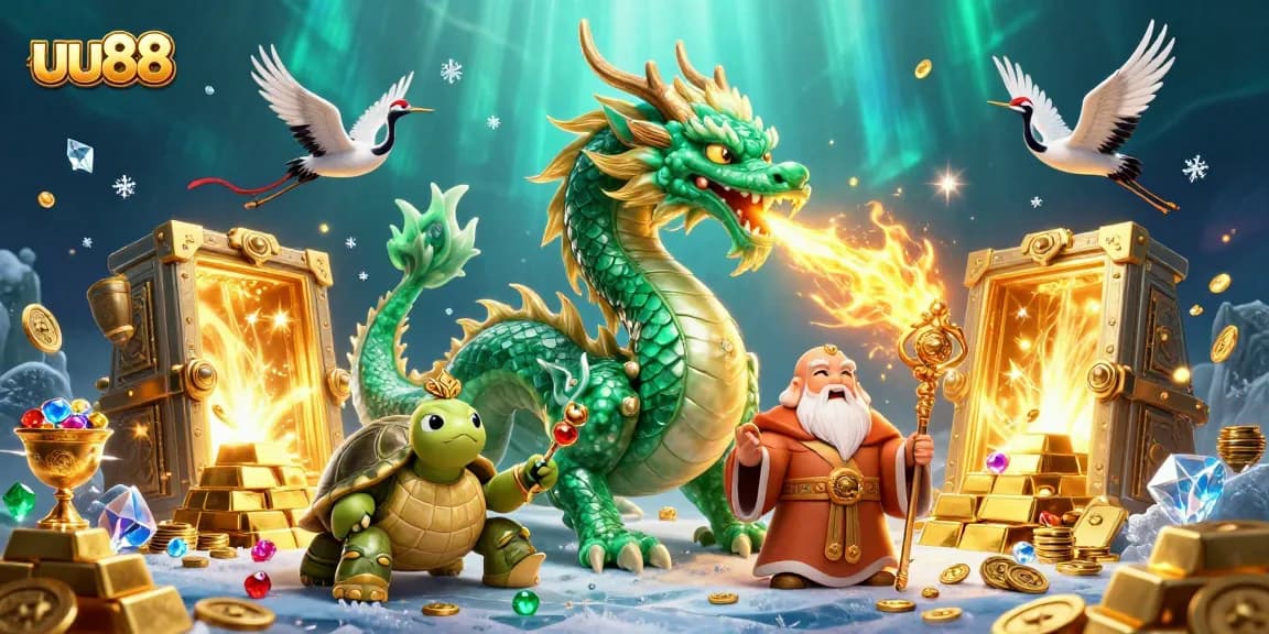 Experience thrilling wins with uu88's dynamic dragon and sage in a vibrant casino scene.