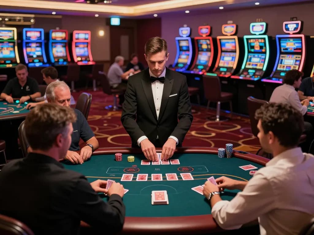 O8 poker players engaging in thrilling card gameplay with dynamic dealer interaction in high-end casino.