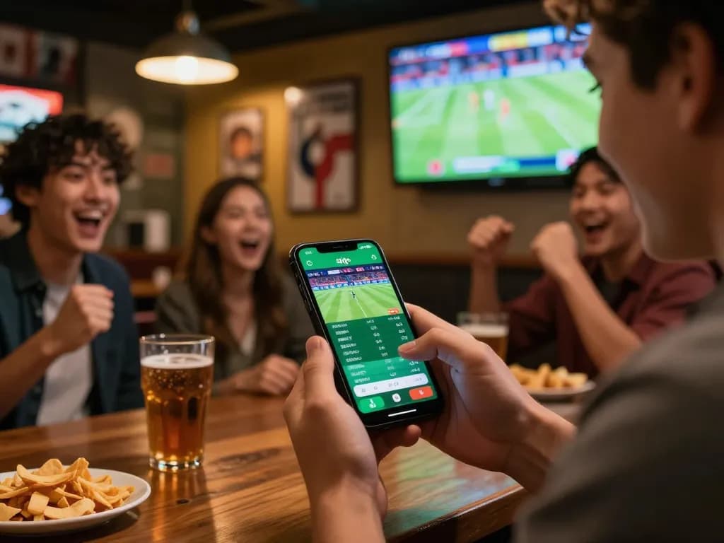Sports bettor using soi kèo app for live odds at a bustling sports bar