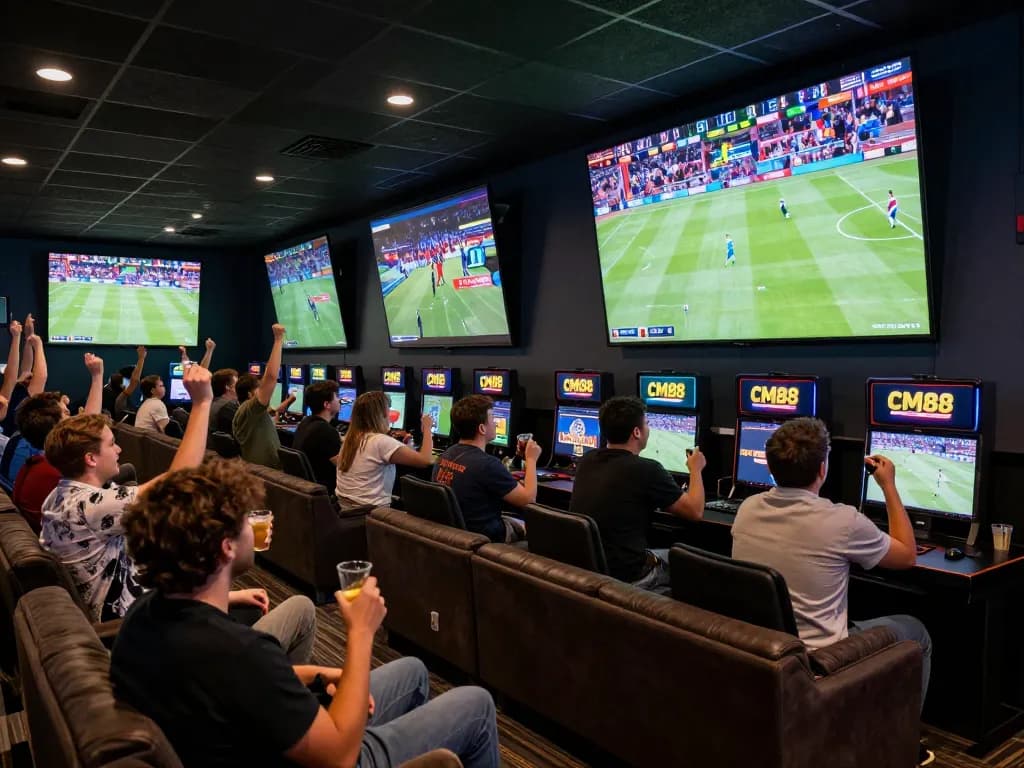Fans engaging in sports betting excitement at CM88's lively lounge with multiple screens.