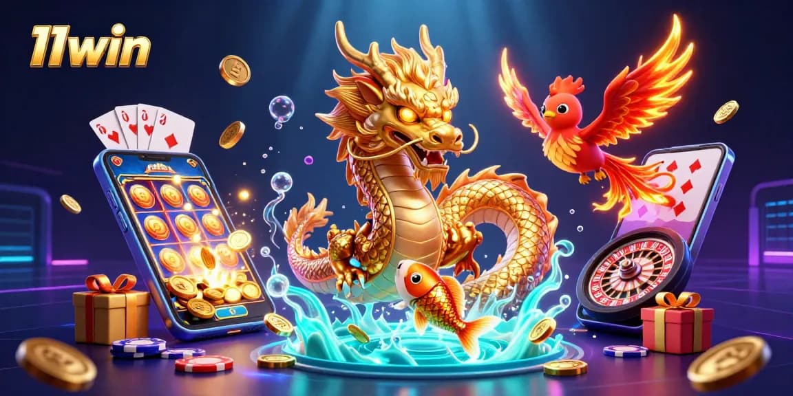 Experience thrilling wins with 11win, featuring a fierce dragon and vibrant casino elements.