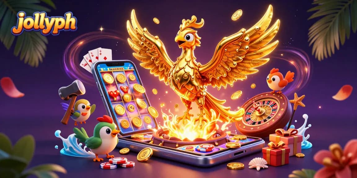 Engage with exciting slot games on jollyph as molten gold coins flow from a 3D phoenix, showcasing a vibrant casino scene.