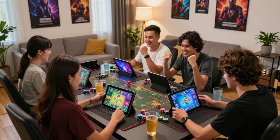 Friends enjoying a lively game bài đổi thưởng session in a modern living room, showcasing vibrant screens and gaming atmosphere.